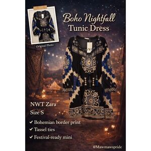 NWT Zara Tunic Dress Bohemian Print Long Sleeve Festival Mini Size S 096